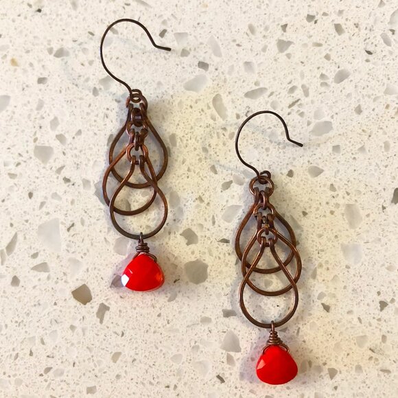 Handmade Copper Earrings with Vintage Red Glass Beads - Picture 1 of 2